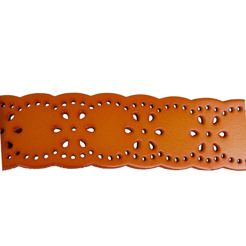 Woman's Brown Genuine Leather Hollowed Out‎ Belt, Vintage Wave Decoration